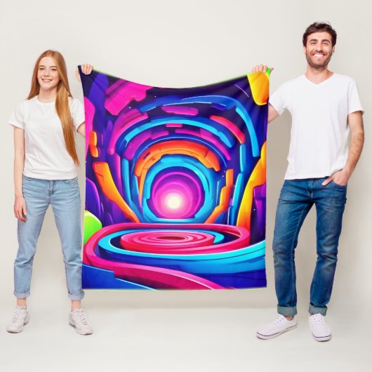 Levendig geometrisch neon kunst tunnel ontwerp fleece deken (In situ)