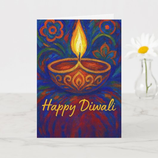 Levendig geschilderde Diya Happy Diwali Groet Kaart (Kleine Plant)