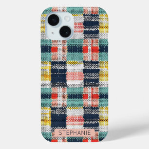 Levendig Geweven Plakken - Retro Boho Geruit Patro iPhone 15 Case