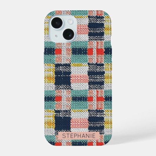 Levendig Geweven Plakken - Retro Boho Geruit Patro iPhone 15 Case (Achterkant)