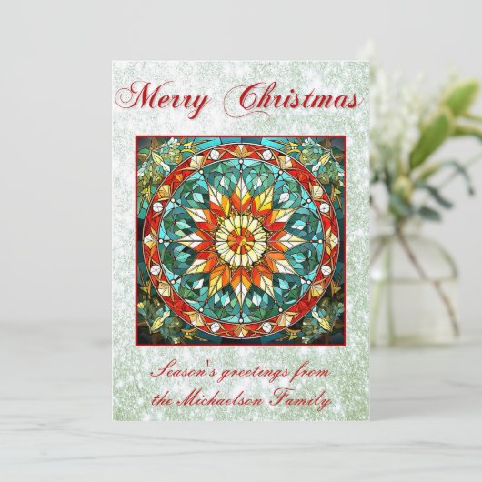 Levendig Glas in lood Bloemen Mandala Groene Glitt Feestdagenkaart (Staand voorkant)