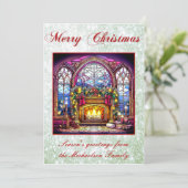 Levendig Glas in lood Gezellige open haard Groene  Feestdagenkaart (Staand voorkant)