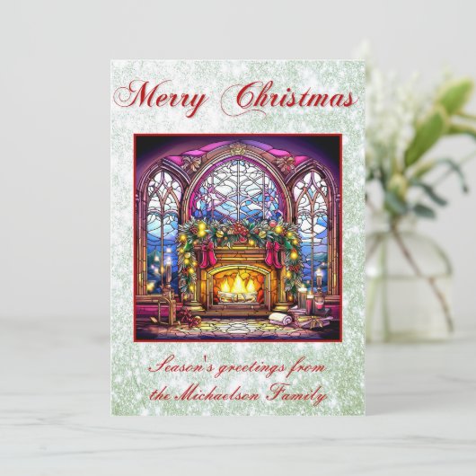 Levendig Glas in lood Gezellige open haard Groene  Feestdagenkaart (Staand voorkant)