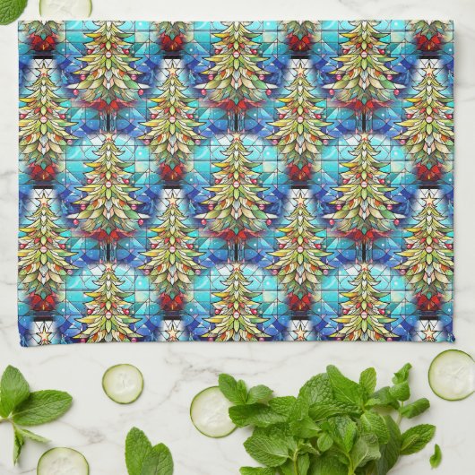 Levendig Glas in lood kerstboompatroon Theedoek (Gevouwen)