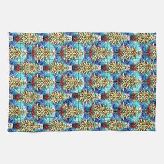 Levendig Glas in lood kerstboompatroon Theedoek (Horizontaal)