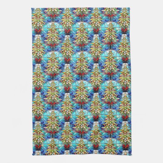 Levendig Glas in lood kerstboompatroon Theedoek (Verticaal)