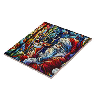 Levendig glas in lood van de kerstman en rendieren tegeltje