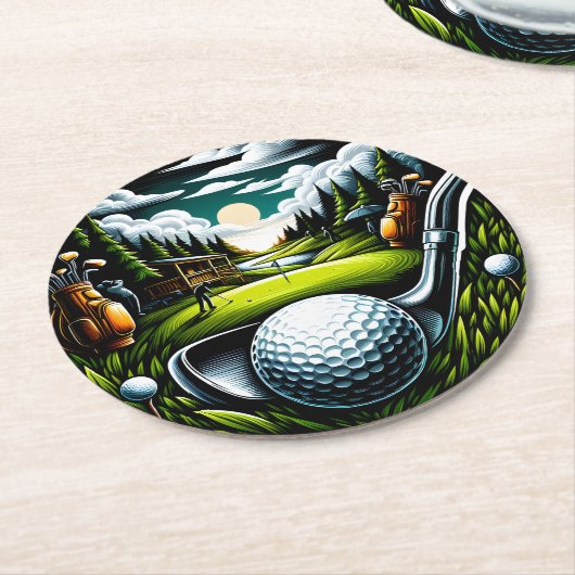 Levendig golflandschap met clubs en ballen ronde kartonnen onderzetter (Gebogen)