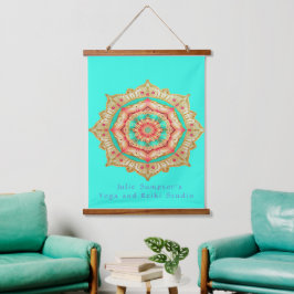Levendig Goud Turquoise Blauw en Koraal Aum Mandal Hangend Wandkleed