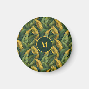 Levendig Groen Banaan Bladerpatroon Monogramed Magneet