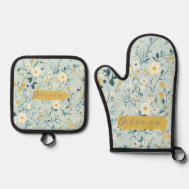 Levendig groen geel blauw witte bloemen ovenwant & pannenlap set