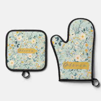 Levendig groen geel blauw witte bloemen ovenwant & pannenlap set