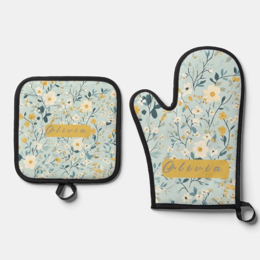 Levendig groen geel blauw witte bloemen ovenwant & pannenlap set (Voorkant)