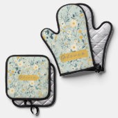 Levendig groen geel blauw witte bloemen ovenwant & pannenlap set (Voorkant / Achterkant)