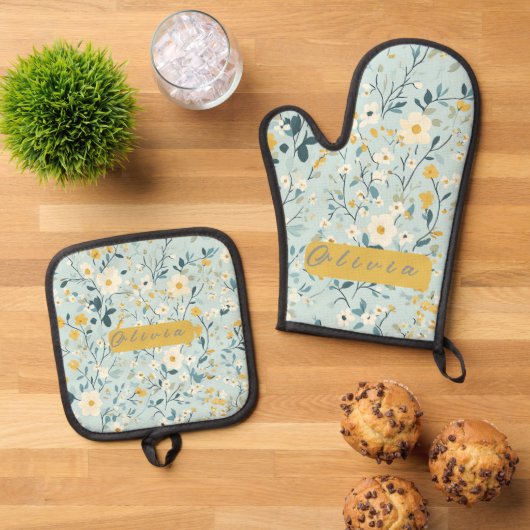 Levendig groen geel blauw witte bloemen ovenwant & pannenlap set (Top down)