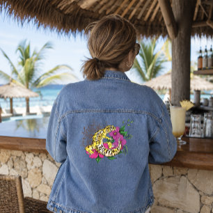 Levendig groene speelse luipaardgekko bloemstuk denim jacket