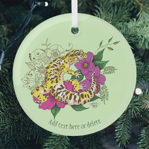 Levendig groene speelse luipaardgekko bloemstuk glas ornament