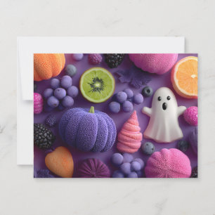 Levendig Halloween Snoep en Fruit Flat-Lay Briefkaart