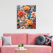Levendig handgeschilderd bloemenpatroon in rustiek canvas afdruk (Insitu (Woonkamer))