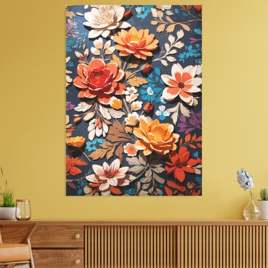 Levendig handgeschilderd bloemenpatroon in rustiek canvas afdruk (Insitu (Woonkamer))