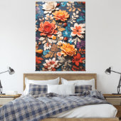 Levendig handgeschilderd bloemenpatroon in rustiek canvas afdruk (Insitu (Slaapkamer))