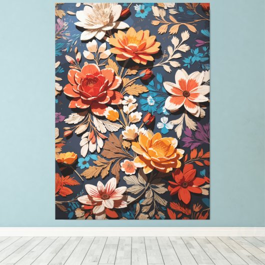 Levendig handgeschilderd bloemenpatroon in rustiek canvas afdruk (Insitu (Houten vloer))