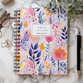 Levendig handgeschilderd botanisch blauw monogram  planner