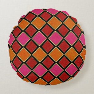Levendig Harlekijn-diamantpatroon in rood, oranje, Rond Kussen