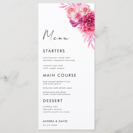 Levendig Helder Roze Bloemige Botanische Trouwdag Menu (Voorkant)