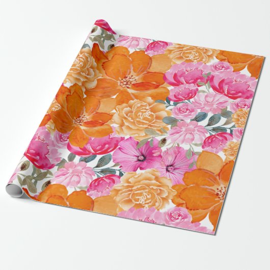 Levendig Helder Roze en Oranje Bloemen Gift Cadeaupapier (Uitgerold)