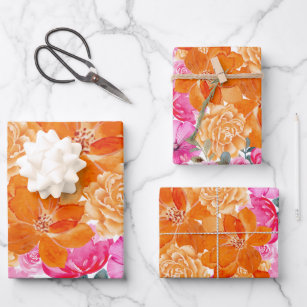 Levendig Helder Roze en Oranje Bloemen Gift Inpakpapier Vel