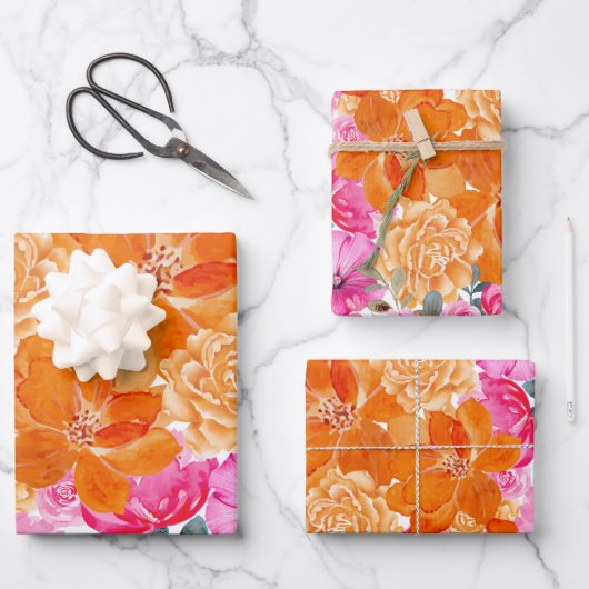 Levendig Helder Roze en Oranje Bloemen Gift Inpakpapier Vel (Voorkant)