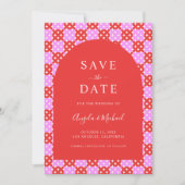 Levendig Helder Roze & Rood Midcentury Mod Bruilof Save The Date (Voorkant)