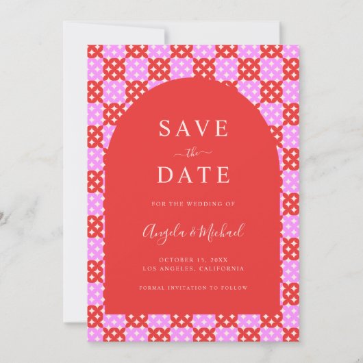 Levendig Helder Roze & Rood Midcentury Mod Bruilof Save The Date (Voorkant)