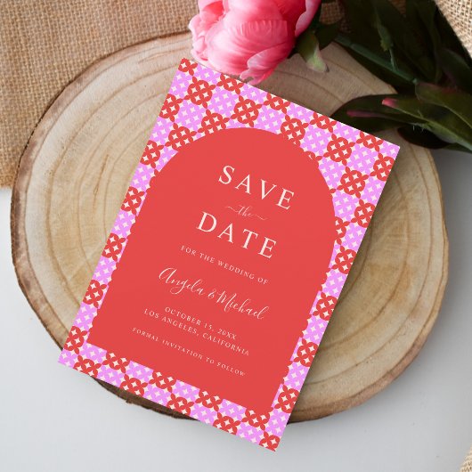 Levendig Helder Roze & Rood Midcentury Mod Bruilof Save The Date