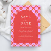 Levendig Helder Roze & Rood Midcentury Mod Bruilof Save The Date