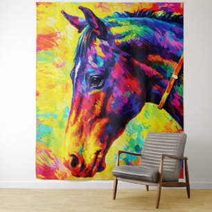 Levendig Impasto Paardenportret Kleurrijk Wild Wandkleed