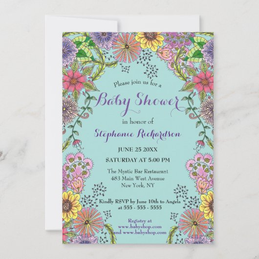 Levendig ingewikkeld Spring Doodle Flowers Baby sh Kaart (Voorkant)