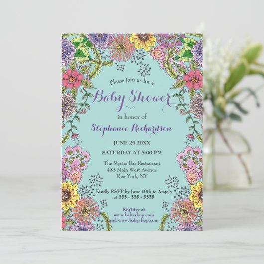 Levendig ingewikkeld Spring Doodle Flowers Baby sh Kaart (Staand voorkant)