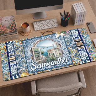 Levendig Italiaans Bloemmotief Blauwe Tegel Citrus Bureaumat