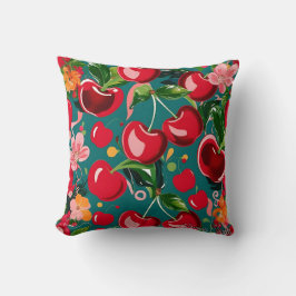 Levendig kersen- en bloempatroon op Blauwgroen ach Kussen