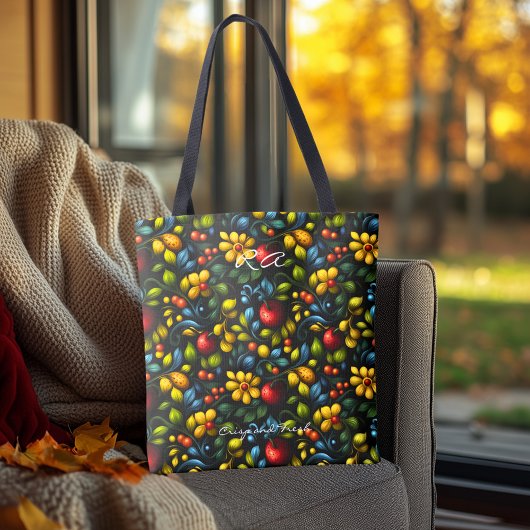 Levendig Khokhloma Bloemenpatroon met Rood & Geel Tote Bag