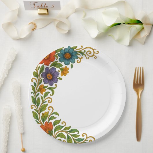 Levendig kleurrijk bloemige hoekmarge ontwerp papieren bordje (Huwelijk)