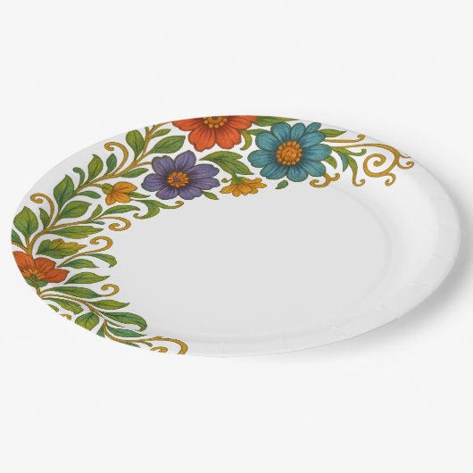 Levendig kleurrijk bloemige hoekmarge ontwerp papieren bordje (Gekanteld)