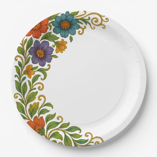 Levendig kleurrijk bloemige hoekmarge ontwerp papieren bordje (Voorkant)