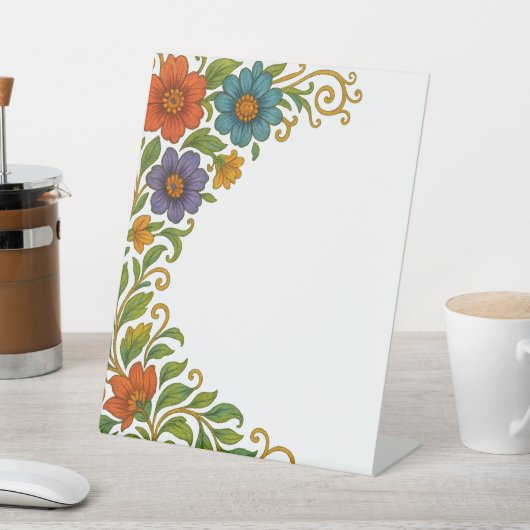 Levendig kleurrijk bloemige hoekmarge ontwerp reclamebord met voetstuk (Insitu)