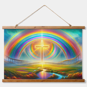 Levendig kleurrijk landschap met regenboog en krui hangend wandkleed