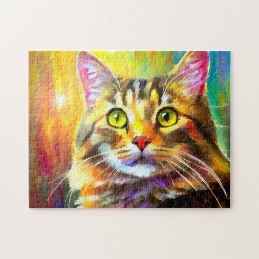 Levendig, kleurrijk, Oranje grijs Tabby Cat Painti Legpuzzel (Horizontaal)