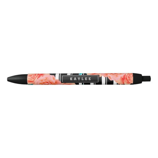 Levendig koraal en Aqua Floral Zwarte Inkt Pen (Voorkant)