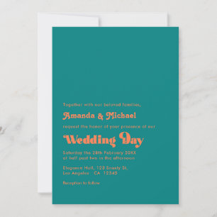 Levendig Koraal en Teal Retro Typografie Bruiloft Kaart